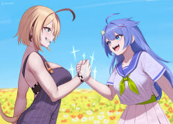 2girls ahoge blonde_hair blue_eyes blue_hair blue_sailor_collar blue_sky dooby_(vtuber) field flower flower_field gloves green_eyes hair_ornament highres hwanker indie_virtual_youtuber long_hair multiple_girls open_mouth overalls sailor_collar senzawa shirt skirt sky star_(symbol) star_hair_ornament tail virtual_youtuber white_gloves x_hair_ornament