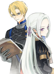 1boy 1girl armored_gloves blonde_hair blue_eyes book closed_mouth commentary_request couple dimitri_alexandre_blaiddyd edelgard_von_hresvelg fire_emblem fire_emblem:_three_houses from_side garreg_mach_monastery_uniform hair_between_eyes hair_ribbon head_tilt highres holding holding_book ikaikakka juliet_sleeves long_hair long_sleeves looking_at_object looking_at_viewer looking_down looking_to_the_side military_uniform nintendo open_book parted_bangs parted_lips puffy_sleeves purple_eyes purple_ribbon ribbon short_hair standing white_background white_hair
