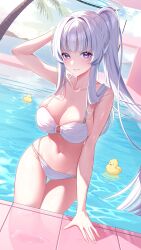 1girl absurdres alternate_costume aqua74286 arm_up bare_shoulders bikini blue_archive blue_sky breasts commentary halo highres large_breasts long_hair mechanical_halo navel noa_(blue_archive) palm_tree parted_lips ponytail pool purple_eyes rubber_duck sky smile solo stomach swimsuit thighs tree white_bikini white_hair