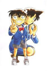 1boy 1girl ;) absurdres black-framed_eyewear black_hair black_socks blue_eyes blue_jacket blue_skirt blush bow bowtie brown_shoes closed_mouth collared_shirt edogawa_conan full_body glasses green_necktie grey_shorts grin hand_in_pocket highres jacket kneehighs loafers long_hair long_sleeves looking_at_viewer meitantei_conan mouri_ran necktie non-web_source official_art one_eye_closed pleated_skirt red_bow red_bowtie red_shoes scan school_uniform shirt shoes short_hair shorts simple_background skirt smile socks squatting standing teeth teitan_high_school_uniform v white_background white_shirt white_socks
