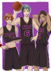 3boys absurdres ace_trappola ball basketball_(object) basketball_uniform blue_hair brown_hair clothes_lift commentary_request cowboy_shot dark-skinned_male dark_skin floyd_leech green_eyes hair_tie_in_mouth hand_on_own_hip heterochromia highres holding holding_ball jamil_viper looking_at_viewer male_focus mouth_hold multiple_boys orange_hair purple_background sharp_teeth shirt_lift short_hair shorts simple_background sportswear standing teeth toned toned_male twisted_wonderland ukichan12011 yellow_eyes