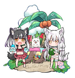 +_+ ._. 2girls :d animal animal_ear_fluff animal_ears artist_name ball bare_arms bare_shoulders barefoot beachball bikini black_hair blush chibi cloud coconut colored_eyelashes dog fang food frilled_bikini frills gradient_hair grey_hair hair_between_eyes holding holding_ball holding_food long_hair mito_(go!go!king!) multicolored_hair multiple_girls open_mouth orange_eyes original palm_tree popsicle red_bikini shaved_ice simple_background smile standing swimsuit tail tree very_long_hair watermelon_bar white_background white_bikini white_hair wolf_ears wolf_girl wolf_tail