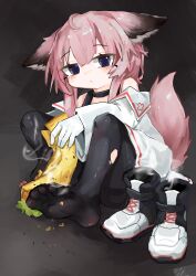 Rule 34 | 1girl, absurdres, animal ears, arknights, black pantyhose, boots, chinese commentary, closed mouth, commentary request, fox ears, fox girl, fox tail, full body, highres, knees up, looking at viewer, meiwei de jianbing, no shoes, pantyhose, pink hair, purple eyes, short hair, sitting, soles, solo, sussurro (arknights), tail, toes, torn clothes, torn pantyhose, unworn boots