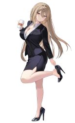 Rule 34 | 1girl, absurdres, adjusting clothes, adjusting shoe, black jacket, black shoes, black skirt, breasts, brown eyes, brown hair, collared shirt, cup, disposable coffee cup, disposable cup, drink, formal clothes, full body, hair between eyes, high heels, highres, holding, holding cup, holding drink, jacket, large breasts, long hair, long sleeves, looking at viewer, office lady, original, parted lips, pencil skirt, shirt, shoes, simple background, skirt, skirt suit, standing, standing on one leg, suit, white background, white shirt, zawa (beat7327)