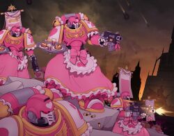 Rule 34 | adeptus astartes, alternate costume, ammunition, animal print, apron, architecture, armor, armored dress, banner, battle, battle standard, bolter, bow, cat print, cathedral, chumiicham, city, cityscape, cloud, cloudy sky, commentary, concrete, cup, dress, drop pod, english commentary, enmaided, explosion, eyelashes, food, frilled apron, frilled dress, frilled sleeves, frills, glass, glowing, glowing eyes, gold trim, gothic architecture, gun, handgun, heart, heart print, highres, holding, holding gun, holding tray, holding weapon, holster, maid, maid apron, multicolored armor, omelet, omurice, outdoors, outline, paw print, pink armor, pink bow, pink dress, pink eyes, pink ribbon, power armor, ribbon, rubble, science fiction, shell casing, sky, smoke, space maids (chumiicham), tray, tube, urban, waist apron, war banner, warhammer 40k, weapon, white apron, white armor, white outline