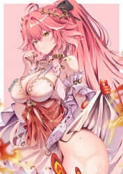 1girl bare_shoulders black_bow blush body_markings border bow braid breasts changli_(laurel_nymph)_(wuthering_waves) changli_(wuthering_waves) cleavage closed_mouth clothes_lift colored_extremities commentary cowboy_shot dress dress_lift feather_hair hair_bow hair_extensions hand_up head_wreath highres large_breasts long_hair multicolored_hair narukamitooru no_panties official_alternate_costume pink_background pink_hair ponytail red_dress red_hands ring_hair_extensions solo thighs twin_braids two-tone_hair very_long_hair wet white_border white_hair wuthering_waves