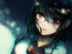 1girl black_hair blue_background bow bowtie durarara!! floating_hair glasses green_background looking_at_viewer loup-garou red_bow red_bowtie red_eyes shadow shirt short_hair simple_background sonohara_anri upper_body white_shirt