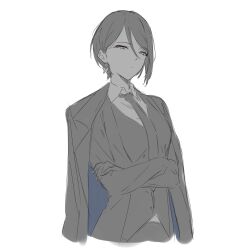 Rule 34 | 1girl, bang dream!, black hair, black jacket, black necktie, black vest, crossed arms, earrings, hair between eyes, highres, jacket, jacket on shoulders, jewelry, kanade (kanade 3344), long hair, long hair between eyes, looking at viewer, necktie, purple eyes, short hair, simple background, solo, vest, white background, yashio rui
