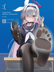 1girl absurdres black_serafuku blue_archive blue_screen_of_death blush bm_(bm364364) desk feet grey_eyes hairband highres loafers long_hair looking_at_viewer pantyhose parted_lips plana_(blue_archive) school_desk school_uniform serafuku shoes single_shoe soles steam toes unworn_shoes white_hair