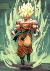 Rule 34 | 1boy, 9302w (user wjpg8475), blonde hair, blood, closed mouth, dragon ball, green eyes, highres, male focus, muscular, muscular male, pants, pectorals, solo, son goku, spiked hair, super saiyan, super saiyan 1, torn clothes, torn pants, wristband