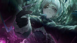 1boy 1girl arknights black_gloves black_jacket blue_eyes blue_hair capelet commentary cross_scar english_commentary foreshortening gloves highres irene_(arknights) jacket lantern long_sleeves lumen_(arknights) pink_pupils pov scar scar_across_eye scar_on_face strangling sye tentacles water white_capelet white_hair white_sleeve_cuffs