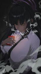 Rule 34 | 1girl, absurdres, black hair, black necktie, blue archive, breasts, cigarette, cigarette pack, collared shirt, dark-skinned female, dark skin, halo, highres, holding, holding cigarette pack, karin (blue archive), large breasts, long hair, long sleeves, necktie, purple halo, shirt, smoke, smoking, solo, tabulagami, white shirt, yellow eyes