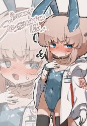 1girl @_@ absurdres alternate_costume animal_ear_hairband animal_ears arknights black_thighhighs blue_eyes blue_leotard blush choker closed_mouth coat covered_navel embarrassed fake_animal_ears flat_chest fox_ears fox_girl fox_tail gloves hairband highleg highleg_leotard highres hood hood_down hooded_coat infection_monitor_(arknights) ishimizu08 leotard nose_blush open_mouth playboy_bunny rabbit_ear_hairband rabbit_ears strapless strapless_leotard sussurro_(arknights) sweat tail thighhighs white_coat white_gloves zoom_layer