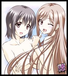 Rule 34 | 2019, 2girls, ayane shirakawa, black hair, breasts, brown eyes, brown hair, collarbone, covering breasts, covering privates, dated, highres, kotone shirakawa, large breasts, long hair, looking at viewer, multiple girls, official art, one eye closed, open mouth, overflow (anime), short hair, siblings, sidelocks, sisters, smile, watanabe yoshihiro, wink