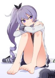1girl bare_legs barefoot black_bow blush bow closed_mouth collared_shirt commission convenient_leg eyelashes feet goten_(510gensoku) hair_between_eyes hair_bow highres knees_up legs long_hair long_legs long_sleeves looking_at_viewer miniskirt necktie on_ground ongeki pleated_skirt ponytail purple_eyes purple_hair purple_skirt red_necktie school_uniform shadow shirt shoes sitting skirt smile sneakers socks solo takase_rio toenails toes unworn_shoes unworn_socks very_long_hair white_shirt white_socks