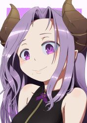 1girl absurdres black_shirt blush brown_horns closed_mouth collared_shirt commentary_request curtained_hair demon_girl demon_horns highres horns kyasutoru long_hair looking_at_viewer mole mole_under_mouth nanashi_inc. pointy_ears purple_eyes purple_hair saionji_mary saionji_mary_(1st_costume) shirt sleeveless sleeveless_shirt smile solo upper_body virtual_youtuber white_background