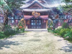 artist_request day dragon eastern_dragon folding_fan game_cg hand_fan kadomatsu light_rays magia_record:_mahou_shoujo_madoka_magica_gaiden mahou_shoujo_madoka_magica new_year no_humans official_art outdoors path poster_(object) road scenery shade shrine sunlight