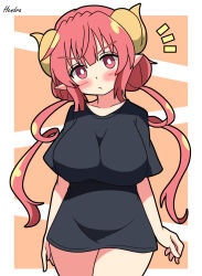 Rule 34 | 1girl, absurdres, artist name, black shirt, blush, breasts, bright pupils, closed mouth, collarbone, commentary, cowboy shot, dragon girl, dragon horns, hendra, highres, horns, ilulu (maidragon), kobayashi-san chi no maidragon, large breasts, long hair, looking at viewer, notice lines, orange background, pointy ears, red eyes, shirt, short sleeves, signature, simple background, solo, twintails, v-shaped eyebrows, white pupils, yellow horns