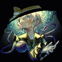 1girl black_background bright_pupils expressionless flower green_eyes green_hair hair_between_eyes hat koishi_day komeiji_koishi kuraageru1600 long_sleeves looking_to_the_side medium_hair puffy_sleeves rain rose shirt solo third_eye touhou upper_body water_drop white_pupils yellow_shirt