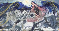 Rule 34 | 1girl, absurdres, bare arms, bare shoulders, black dress, black hands, black veil, blue veil, breasts, chimera, colored extremities, dress, fuchen shuiyuan, full body, gem, hand up, highres, long hair, looking to the side, medium breasts, mountain, nautika (reverse:1999), no bra, pink gemstone, pink hair, plunging neckline, reverse:1999, snow, solo, sparkle, strapless, strapless dress, talons, turning head, two-tone veil, veil, very long hair, watermark, weibo watermark