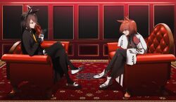 Rule 34 | 2girls, absurdres, agnes tachyon (umamusume), ahoge, animal ears, black gloves, black hair, black pantyhose, black skirt, brown hair, chair, coat, collared shirt, crossed legs, cup, ear tag, earrings, gloves, hair between eyes, hair over one eye, highres, holding, holding cup, horse ears, horse girl, jewelry, kakuteru sudachi, lab coat, long bangs, long hair, long sleeves, looking at another, manhattan cafe (umamusume), medium hair, multicolored hair, multiple girls, on chair, open clothes, open coat, pantyhose, parted lips, pleated skirt, red carpet, red eyes, shirt, shoes, single earring, sitting, skirt, smile, steam, umamusume, very long hair, white coat, white hair, white shoes, yellow eyes