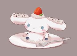 :3 animal animal_focus blue_eyes blueberry blush_stickers chocolate_syrup cinnamoroll commentary creature_as_food curled_tail dog food fork fruit fuwa_fuwa_cinnamoroll grey_background highres icing no_humans plate reimentyuru sanrio simple_background sitting smile strawberry symbol-only_commentary undersized_animal white_dog white_fur