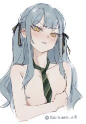 1girl bang_dream! bang_dream!_it&#039;s_mygo!!!!! black_ribbon blue_hair blush center-flap_bangs chinese_commentary commentary_request covering_nipples covering_privates cropped_torso curly_hair embarrassed flat_chest glaring green_necktie hair_ribbon hand_on_own_chest highres long_hair looking_at_viewer looking_down multicolored_ribbon naked_necktie necktie no_nipples nude parted_lips ribbon sidelocks simple_background sketch solo togawa_sakiko two_side_up v-shaped_eyebrows white_background yellow_eyes yellow_ribbon yukikuma_(yukikuma_018)