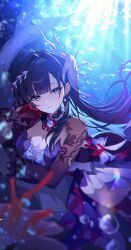 Rule 34 | 1girl, air bubble, arm under breasts, black hair, blunt bangs, blurry, breasts, bubble, cleavage, commentary, coral, depth of field, dress, earrings, english commentary, fish, floating hair, gloves, hair intakes, hair ornament, hand up, head tilt, highres, honkai: star rail, honkai (series), hysilens (honkai: star rail), jewelry, large breasts, lens flare, light rays, long hair, long sleeves, looking at viewer, lying, necklace, ocean, on side, on stomach, parted lips, pearl necklace, print sleeves, purple dress, purple eyes, red gloves, rock, single earring, solo, thighs, underwater, very long hair, water, woodsage88