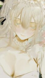 1girl absurdres bare_shoulders blonde_hair blue_eyes breasts choker cleavage collarbone dress hair_between_eyes highres iggy.m jewelry large_breasts long_hair looking_down necklace original sketch smile solo twintails white_dress