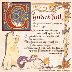 alternate_color animal_focus artist_name climbing closed_eyes closed_mouth cursive cyndaquil english_text evolutionary_line fangs fire flower full_body gen_2_pokemon hisuian_typhlosion holding holding_petal manuscript_paper nintendo no_humans open_mouth petals plant pokemon pokemon_(creature) quilava reaching red_eyes rio_(ewanandlianne) shiny_and_normal shiny_pokemon signature sleeping smile standing twitter_username typhlosion vines