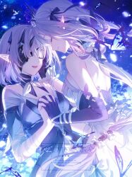 2girls asymmetrical_gloves bow breasts bug butterfly castorice_(honkai:_star_rail) closed_eyes closed_mouth commentary dress elbow_gloves gloves hair_bow hand_on_another&#039;s_face highres honkai:_star_rail honkai_(series) insect interlocked_fingers large_breasts long_hair multiple_girls open_mouth pointy_ears polyxia_(honkai:_star_rail) purple_bow purple_butterfly purple_gloves purple_hair short_hair shoulder_blades siblings single_elbow_glove sisters smile symbol-only_commentary toosaka_asagi uneven_gloves very_long_hair white_dress