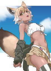 1girl animal_ear_fluff animal_ears bare_shoulders belt black_jacket breasts brown_eyes brown_hair brown_skirt clothes_pull commentary cowboy_shot coyote_(kemono_friends) dark-skinned_female dark_skin extra_ears hair_between_eyes highres jacket jacket_pull kemono_friends looking_at_viewer medium_breasts miniskirt navel open_mouth skirt solo stomach striped_clothes striped_thighhighs tail tanabe_(fueisei) teeth thighhighs upper_teeth_only vertical-striped_clothes vertical-striped_thighhighs white_belt white_hair wolf_ears wolf_girl wolf_tail