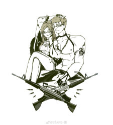 1boy 1girl abs assault_rifle bare_shoulders breasts chain chain_necklace chinese_commentary choker closed_mouth commentary_request cropped_torso crossed_legs dog_tags dot_nose fingerless_gloves genderswap genderswap_(ftm) glasses gloves green_theme gun hand_on_own_cheek hand_on_own_face hand_on_own_head happy highres jacket jewelry large_breasts leather leather_pants lips long_hair long_sleeves looking_at_another monochrome nail_polish necklace nikki_(series) nipples open_clothes open_jacket pants pectorals ponytail rifle scar scar_on_arm shell_casing shining_nikki shoulder_tattoo simple_background sleeveless sleeveless_sweater smile stars_zhangzhang sweater tattoo toned toned_male topless_male turtleneck turtleneck_sweater very_long_hair watermark weapon weibo_watermark white_background zoey_(shining_nikki)