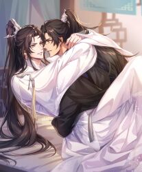 2boys absurdres adam&#039;s_apple animal_print arms_around_neck arms_around_waist artist_name bed bird_print black_hair black_hanfu brown_hair chinese_clothes chu_wanning curtains erha_he_tadebai_mao_shizun eye_contact grey_eyes grin half_updo hanfu highres leaning_back long_hair long_sleeves looking_at_another male_focus mo_ran multiple_boys on_bed purple_eyes smile tassel white_hanfu wide_sleeves xiao_guan_(headdress) yaoi zehel_az