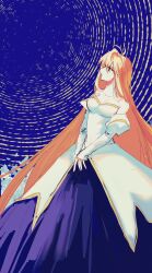1girl archetype_earth arcueid_brunestud bare_shoulders blonde_hair breasts cleavage detached_sleeves dress from_side gold_trim highres large_breasts long_hair looking_to_the_side melty_blood red_eyes rong301718 tsukihime very_long_hair white_dress