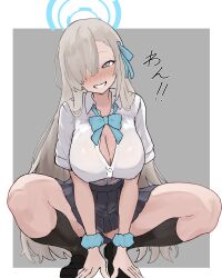 1girl absurdres asuna_(blue_archive) asuna_(school_uniform)_(blue_archive) black_shoes black_skirt black_socks blue_archive blue_bow blue_bowtie blue_eyes blue_halo blue_ribbon blue_scrunchie blush border bow bowtie breasts buttons cleavage collared_shirt commentary covered_erect_nipples full_body grey_background grey_hair grin hair_over_one_eye hair_ribbon halo highres kneehighs large_breasts loafers long_hair looking_at_viewer miniskirt nose_blush official_alternate_costume one_eye_covered outside_border parted_lips partially_unbuttoned peace_peace009 pleated_skirt ribbon school_uniform scrunchie shirt shirt_tucked_in shoes short_sleeves simple_background skirt smile socks solo spread_legs squatting tiptoes translated very_long_hair white_border white_shirt wrist_scrunchie