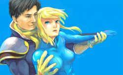 1boy 1girl bag blonde_hair blue_eyes bodysuit breasts brown_hair captain_falcon dancing f-zero gloves grabbing_another&#039;s_breast groping holding_hands medium_breasts metroid nintendo ponytail samus_aran shoulder_bag super_smash_bros. zero_suit
