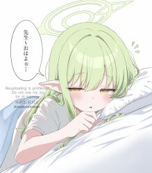 1girl alternate_costume bed_sheet blue_archive blush commentary_request dutch_angle green_hair green_halo hair_between_eyes hair_over_shoulder hair_spread_out half-closed_eyes halo highres hikari_(blue_archive) long_hair looking_at_viewer lying momonexmomo notice_lines on_stomach open_mouth pointy_ears shirt short_sleeves sidelocks simple_background solo speech_bubble translation_request triangle_mouth twitter_username under_covers upper_body waking_up watermark white_background white_shirt yellow_eyes