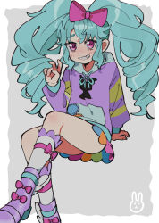 1girl absurdres bent_v blue_hair blue_ribbon blush boots bow commentary_request drill_hair full_body grey_background grin hair_between_eyes hair_bow highres hood hood_down hoodie idol_land_pripara invisible_chair katasumi_amari kneehighs long_hair long_sleeves looking_at_viewer miniskirt open_mouth pink_bow pink_eyes pretty_series pripara purple_boots purple_hoodie ribbon sitting skirt smile socks solo sweatdrop twin_drills twintails uotsu_(sabakou) v very_long_hair white_socks