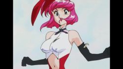 1990s_(style) 1girl animal_ears animated animated_gif blue_eyes bouncing_breasts breasts clothing_cutout covered_erect_nipples elbow_gloves fake_animal_ears gainax gloves leotard lipstick makeup misty_may navel navel_cutout open_mouth otaku_no_video pink_hair playboy_bunny rabbit_ears retro_artstyle short_hair smile