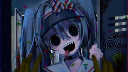 2girls alternate_costume alternate_eye_color black_hair blue_hair blue_hat bow confetti diagonal-striped_bow dress english_text gloves hair_between_eyes hat hat_bow hatsune_miku head_tilt highres in_locker kasane_teto long_hair looking_at_viewer mesmerizer_(vocaloid) multiple_girls pinstripe_hat red_bow sharp_teeth solid_circle_eyes spiral teeth tongue tongue_out twintails two-tone_bow upper_body utau visor_cap vocaloid white_bow white_dress yellow_gloves yuda_00x0