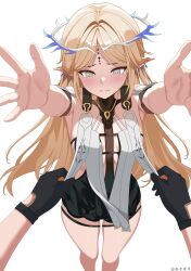 1girl 1other arms_up blonde_hair breasts cartethyia_(wuthering_waves) closed_mouth crown_of_thorns feet_out_of_frame from_above grey_eyes highres light_blush long_hair looking_down pointy_ears rover_(wuthering_waves) simple_background small_breasts tacet_mark_(wuthering_waves) tears very_long_hair weitaming_c white_background wuthering_waves
