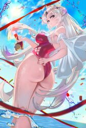 1girl ahoge aqua_eyes ass ass_focus back bare_shoulders blue_sky breasts carlotta_(wuthering_waves) casual_one-piece_swimsuit chromatic_aberration closed_mouth cloud cloudy_sky commentary_request cowboy_shot day flower from_behind from_below grey_hair hair_flower hair_ornament highleg highleg_one-piece_swimsuit highres holding holding_water_gun huge_ass kneepits kyo_no_neko large_breasts long_hair looking_at_viewer looking_back looking_down official_alternate_costume one-piece_swimsuit outdoors parted_bangs pink_one-piece_swimsuit shiny_clothes shiny_skin sky smile solo sun sunlight swimsuit thighs very_long_hair wading water water_gun wet white_flower wuthering_waves