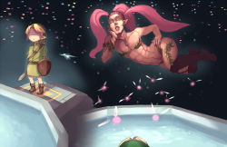 2boys x_mouth abs black_socks closed_eyes crossdressing deku_shield fairy faustsketcher genderswap genderswap_(ftm) girly_boy great_fairy_(zelda) kneehighs leaf link lipstick long_hair makeup multiple_boys nail_polish navi nintendo pink_hair pointy_ears puckered_lips scabbard shaded_face sheath shield shota socks sword the_legend_of_zelda the_legend_of_zelda:_ocarina_of_time weapon wooden_shield young_link