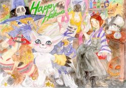 Rule 34 | angewomon, animal ears, cat, cat ears, couple, digimon, digimon (creature), gloves, halloween, hat, holy ring, leomon, pixiv user (72617767), skull, star (symbol), tail, tailmon, wizard, wizard hat, wizarmon, yagami hikari
