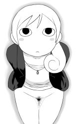 10s 1girl blush_stickers bottomless female_focus female_pubic_hair flat_chest greyscale jewelry legs_together long_hair looking_up monochrome murasaki_wakako pendant ponytail pubic_hair sitting solo tsukudani_(coke-buta) wakako-zake wakamezake
