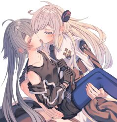 2girls black_necktie blonde_hair blush breasts brown_necktie collared_dress dress duel_monster emptyayya grey_hair highres kiss long_hair long_sleeves multiple_girls necktie red_eyes simple_background sky_striker_ace_-_raye sky_striker_ace_-_roze sweat twintails two-tone_dress yu-gi-oh! yuri