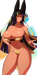 1girl animal_ears bikini black_hair blonde_hair breasts dark-skinned_female dark_skin disgust eye_markings facial_mark gold_bikini hand_on_own_hip highres huge_breasts jaci_(lyuka) long_hair lyuka multicolored_hair navel original pointing presenting purple_hair serious swimsuit yellow_eyes