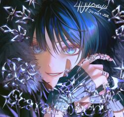 1boy 4the2ofus black_hair blue_hair blunt_ends character_name choppy_bangs clenched_hand colored_eyelashes fatui_logo fingerless_gloves fur_hood genshin_impact gloves grey_eyes grey_gloves highres index_finger_raised looking_at_viewer male_focus multicolored_hair nail_ornament parted_lips pink_lips portrait ribbed_gloves scaramouche_(genshin_impact) smile solo streaked_hair white_mouth