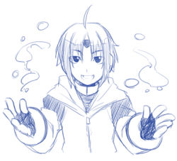 Rule 34 | 1boy, ahoge, blue theme, capcom, lowres, male focus, monochrome, mega man (series), mega man zx, mega man zx advent, shigehiro (hiroi heya), solo, thetis (mega man)